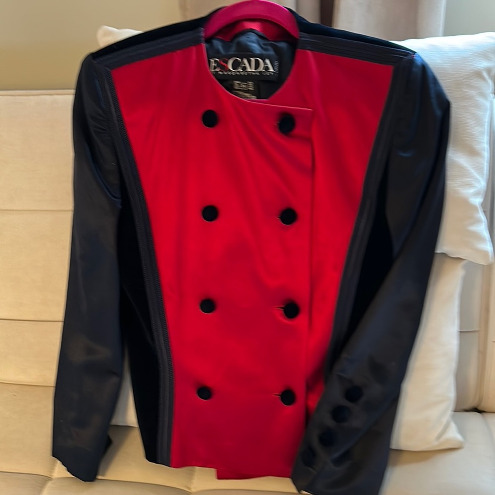 Vintage Escada by Margaretha Ley navy velvet and red satin jacket.